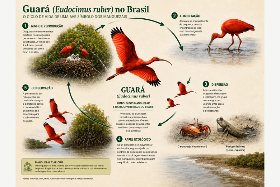 O segundo infográfico ilustra o ciclo biológico e ecológico da espécie por meio de um diagrama circular numerado em cinco etapas: ninho e reprodução, alimentação, dispersão, papel ecológico e conservação. A composição visual traz no centro uma imagem impressionante do guará em voo, cercada por fotografias de filhotes no ninho, da ave se alimentando no lodo e de suas presas típicas, como o caranguejo chama-maré e o peixe-pulador, além de ressaltar a diferença entre ecossistemas de manguezal e apicum.