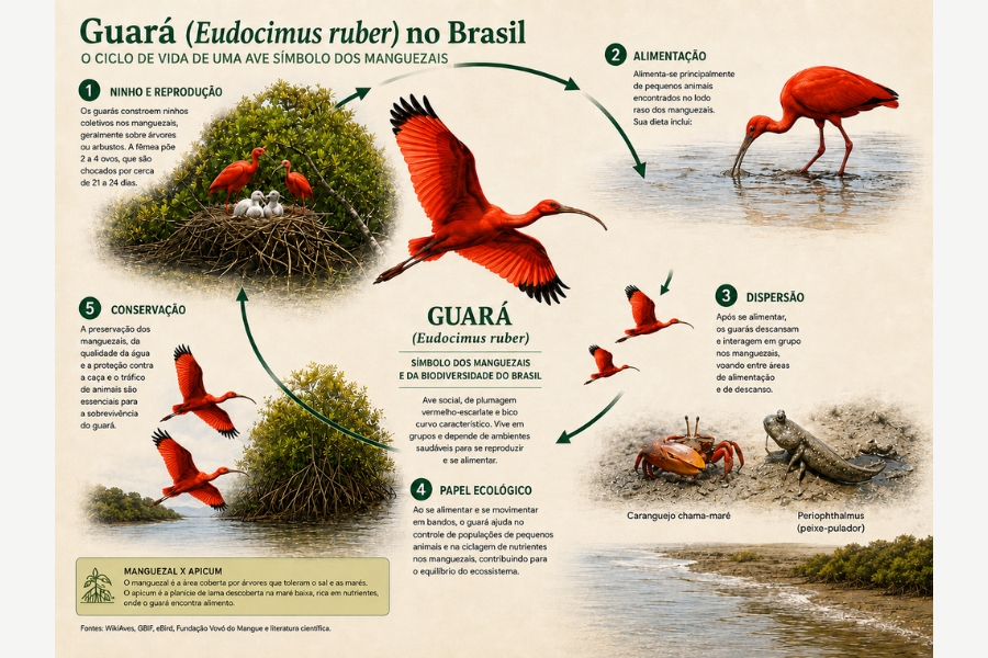 infográfico ilustra o ciclo biológico e ecológico da espécie por meio de um diagrama circular numerado em cinco etapas: ninho e reprodução, alimentação, dispersão, papel ecológico e conservação. A composição visual traz no centro uma imagem impressionante do guará em voo, cercada por fotografias de filhotes no ninho, da ave se alimentando no lodo e de suas presas típicas, como o caranguejo chama-maré e o peixe-pulador, além de ressaltar a diferença entre ecossistemas de manguezal e apicum.