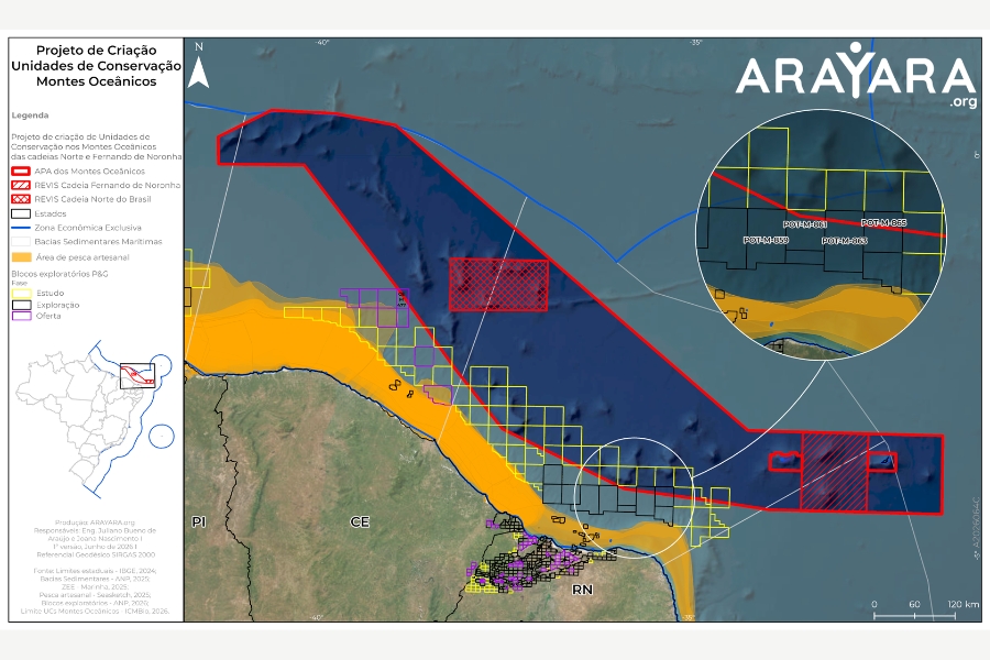 Mapa geográfico demonstrando a sobreposição entre os blocos de exploração de petróleo e áreas de conservação marinha.