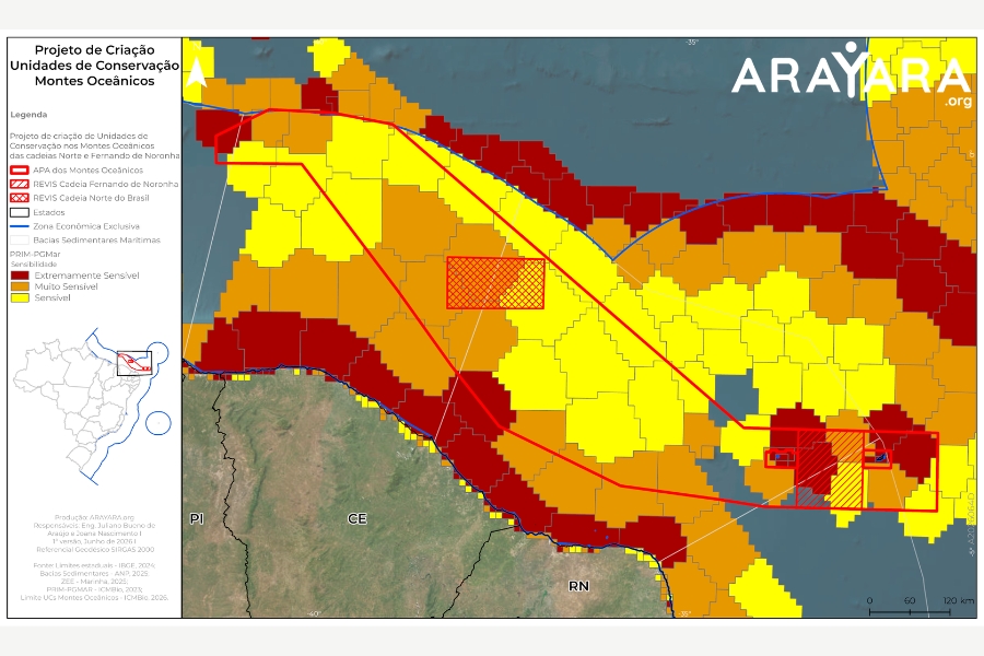 Mapa temático indicando os níveis de sensibilidade ambiental e o projeto de criação de Unidades de Conservação nos Montes Oceânicos.