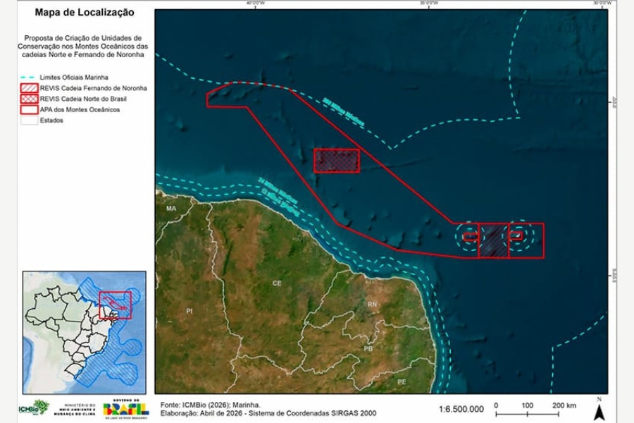 Mapa oficial do ICMBio delimitando a proposta de Unidades de Conservação nas cadeias oceânicas do Norte e Fernando de Noronha.