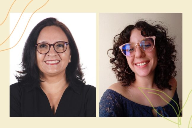 Composição gráfica lado a lado exibindo retratos das jornalistas Maristela Crispim e Catalina Leite sorrindo e usando óculos.